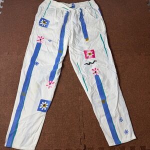 C+ Play Alegre Hand Painted Cotton Pants White Floral Abstract Art San Diego ML